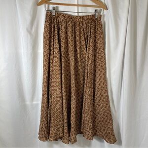 Vintage 100% Silk Brown Patterned Midi Skirt Stretch Waist Size L